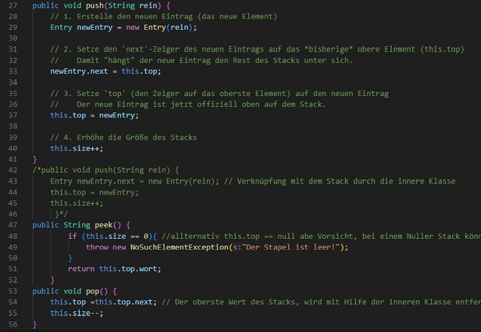 Screenshot von Java-Programmcode in einem Editor, der die Methoden einer Stack-Datenstruktur zeigt.