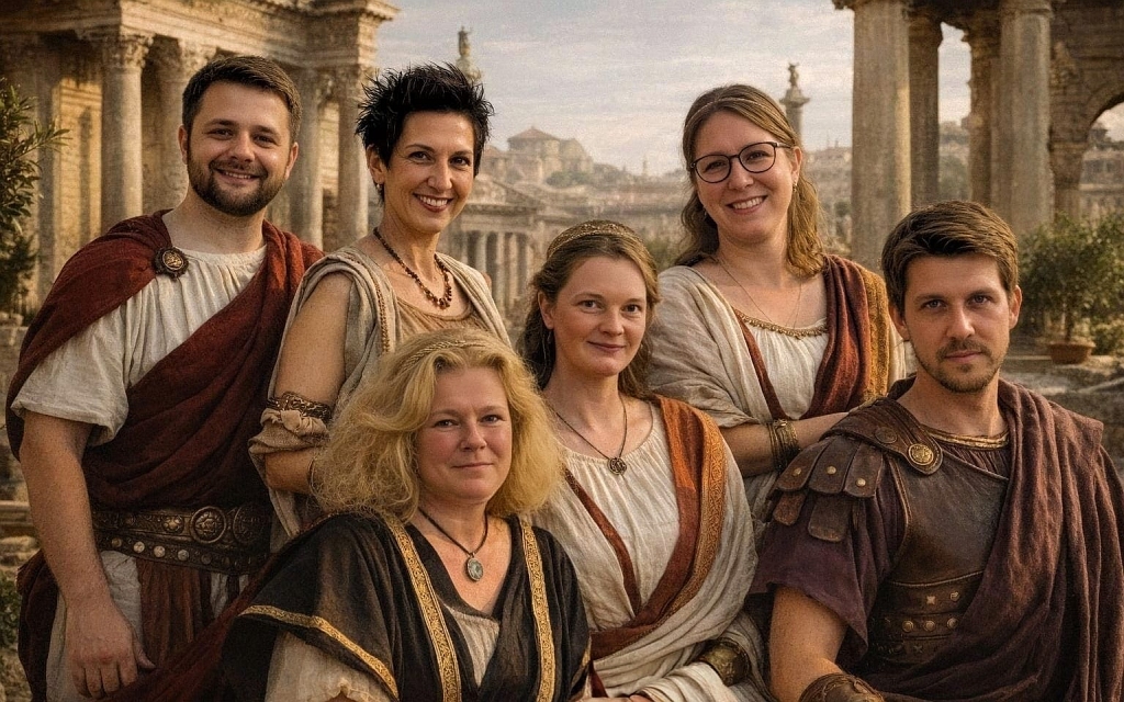 Gruppenfoto der Fachschaft Latein: Sechs Lehrkräfte in authentischen römischen Gewändern (Togen und Tuniken) vor einer digitalen Kulisse des antiken Roms mit Säulen und Tempeln.