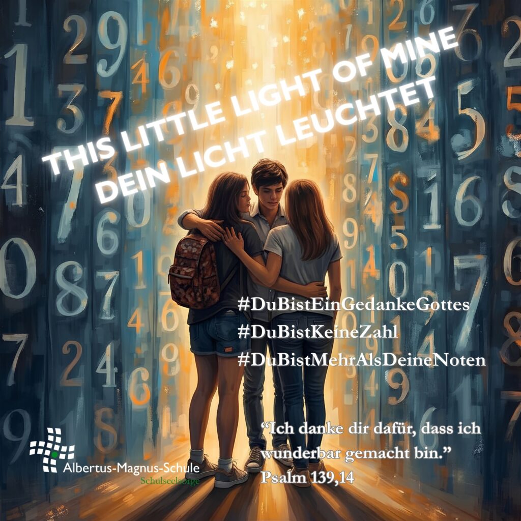 Drei Jugendliche stehen eng umarmt mit dem Rücken zur Kamera in einem warmen, goldenen Lichtstrahl, der von oben auf sie fällt. Links und rechts von ihnen erstreckt sich bis zum Bildrand eine dichte, dämmrig-blaue Wand aus großen, gemalten Zahlen. Über der Szene steht in weißer Schrift „This little light of mine / Dein Licht leuchtet". Rechts neben den Jugendlichen die Hashtags #DuBistEinGedankeGottes, #DuBistKeineZahl und #DuBistMehrAlsDeineNoten, darunter das Zitat „Ich danke dir dafür, dass ich wunderbar gemacht bin." (Psalm 139,14). Unten links das Logo der Albertus-Magnus-Schule mit dem Zusatz „Schulseelsorge".